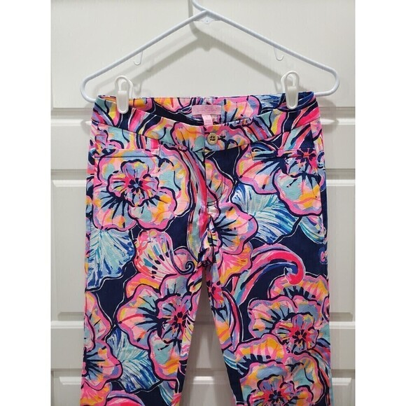 LILLY PULITZER KELLY SKINNY ANKLE PANTS NAVY BLUE BRIGHT PINK FLORAL WOMEN 0 - Picture 3 of 16